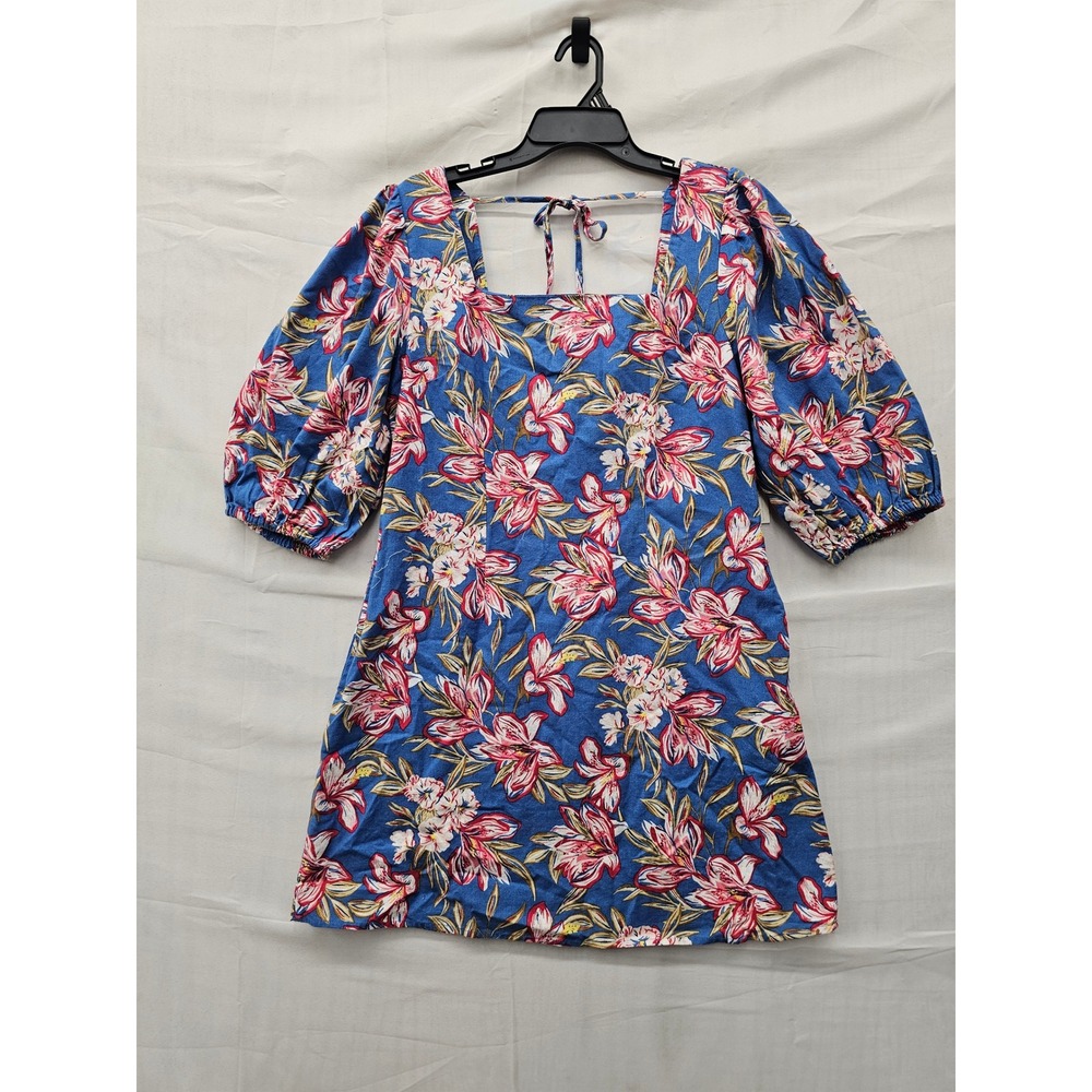 A New Day Womens Tropical Floral Puff Sleeve Mini Sundress Blue Size Medium